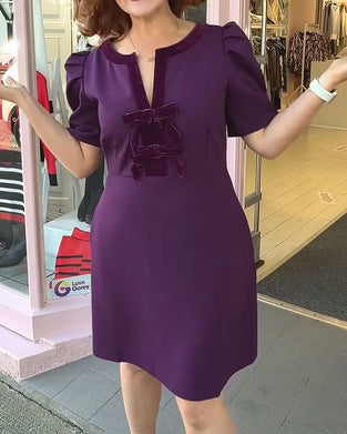Kleid Puffärmel Schleife Samt Patchwork