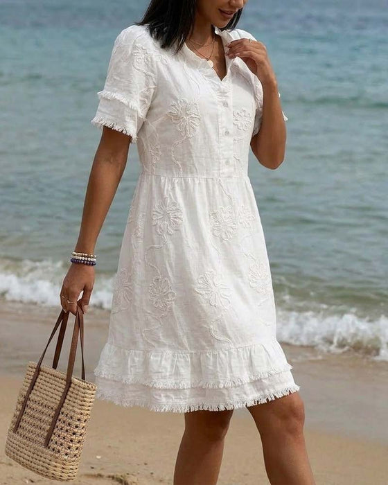 Kleid Stehkragen Halbe Knopfleiste Franse