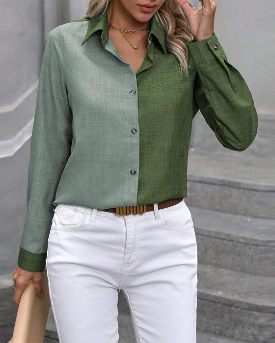 Bluse Mit Einreihigem Knopf Und Farbblock Kragen