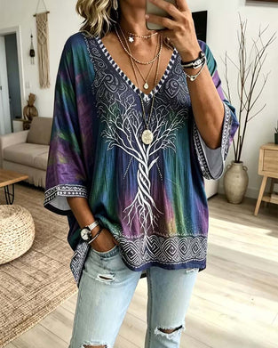 Bluse V-Ausschnitt Ombre Farbblock