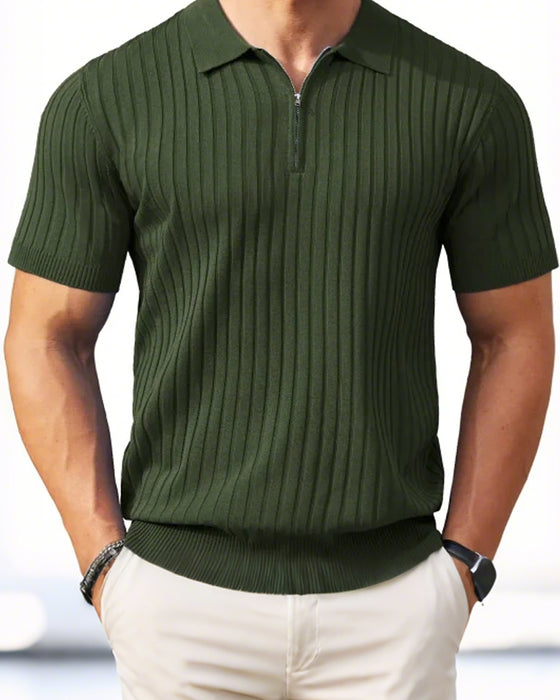 Hemden Herren Reißverschluss Kurzarm Rippstrick Polo T-Shirts Golf