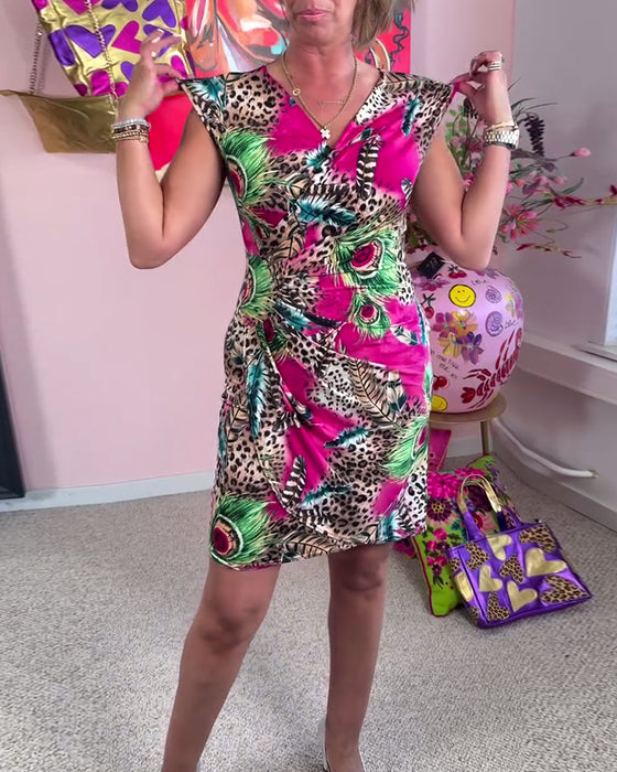 Kleid V-Ausschnitt Wickeloptik Leopardenmuster