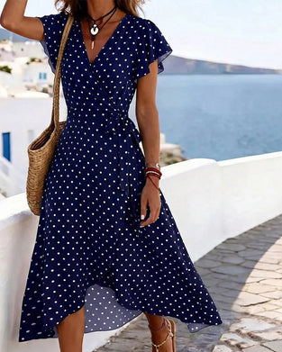 Kleid V-Ausschnitt Tupfen Rüsche Taille
