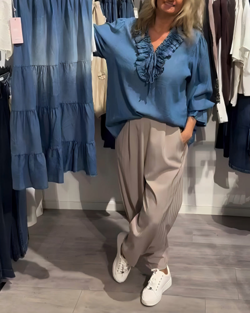 Bluse Rüsche Besatz Binden Denim