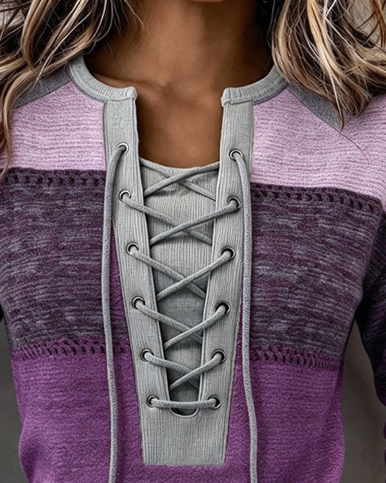 Sweatshirt Binden Gestreift Farbblock Figurbetont