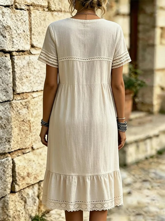 Kleid Spitze Rüsche Rund-Hals Kurzarm