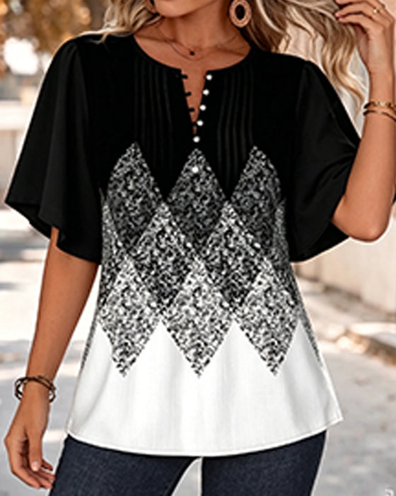 T-Shirt Mit Diamantmuster-Gradientendruck Und V-Ausschnitt