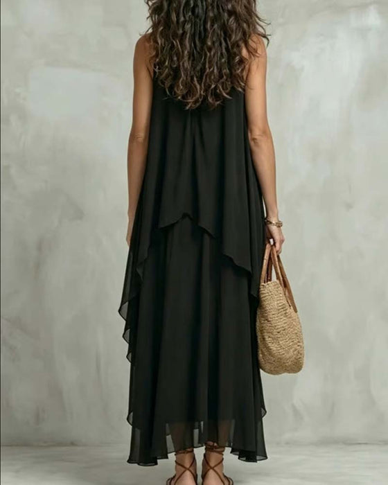 Kleid Rundhals Ärmellos Chiffon Unregelmäßig
