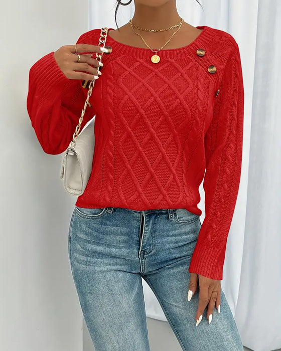 Pullover Uni Raglanärmel Schnalle Zopfmuster