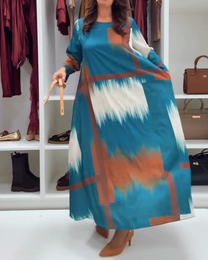 Modisches bedrucktes Kleid mit Rundhalsausschnitt und langen Ärmeln