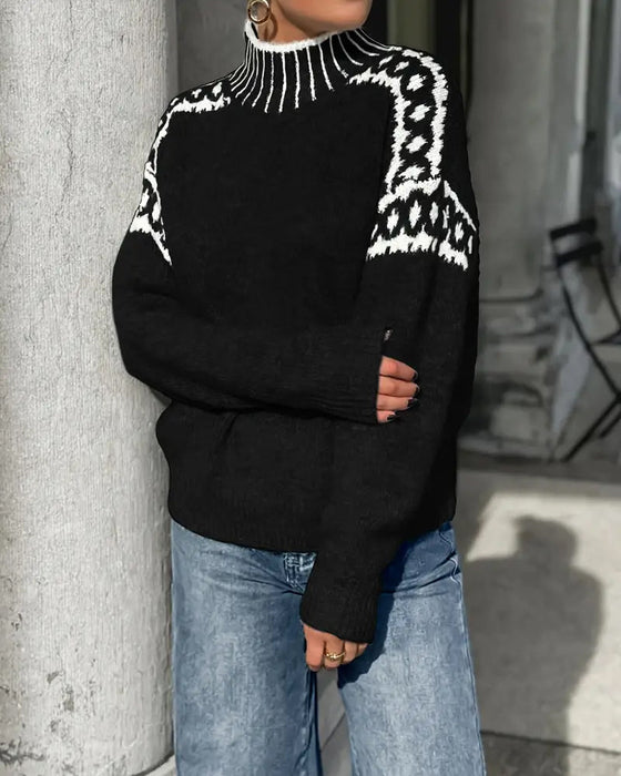 Pullover Stehkragen Gemustert Kontrast