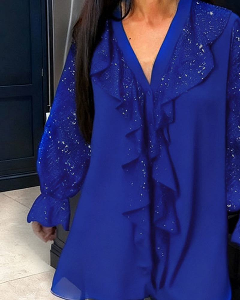 Unifarbene lockere Blusen mit Rüschen