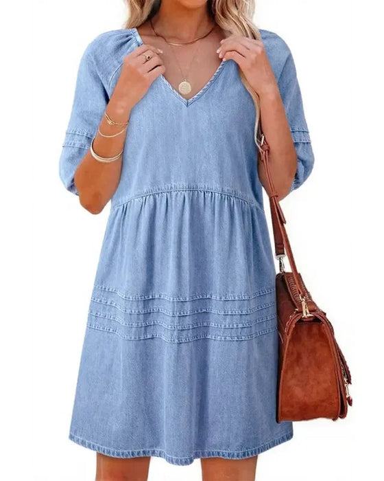 Kleider Denim V-Ausschnitt Puff Ärmel