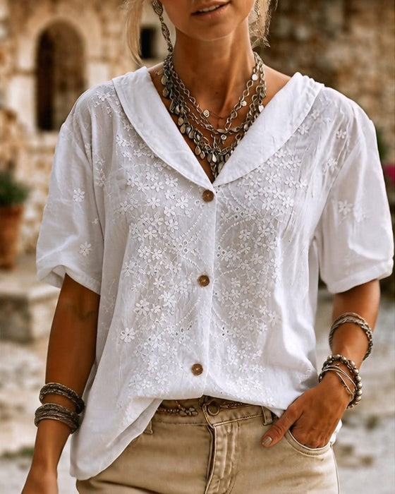 Bluse Revers Knopf Dreidimensional Blumig
