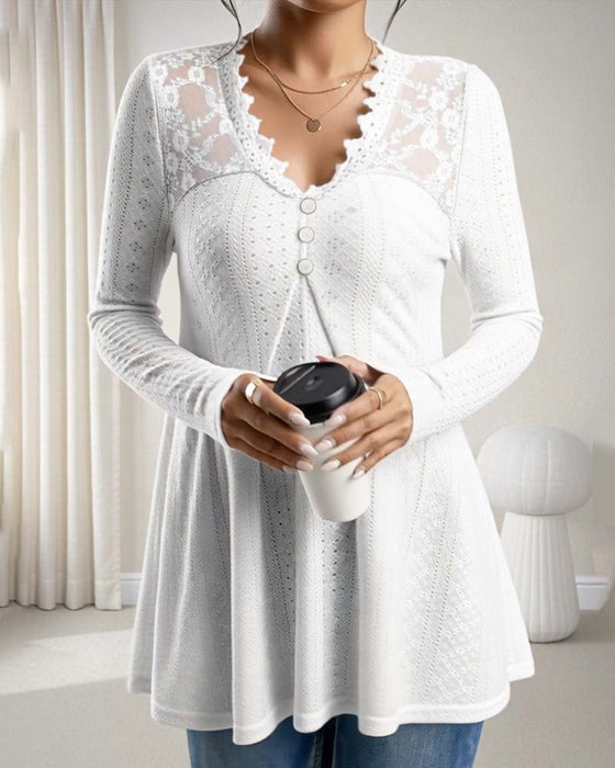 Top Spitzenbesatz V-Ausschnitt Knöpfli