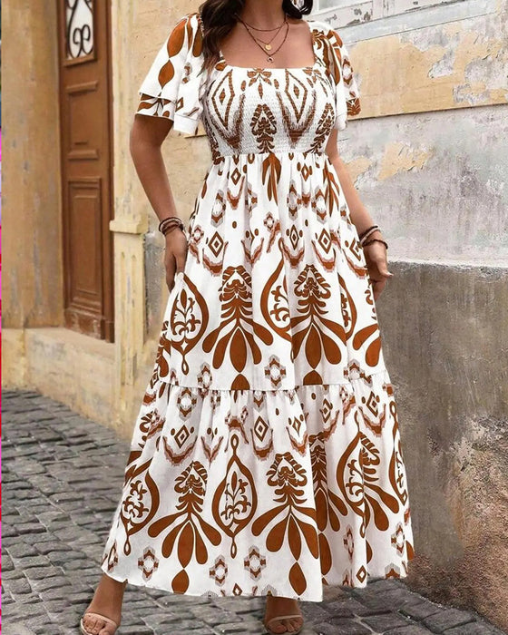Kleid Blau Porzellan Quadratischer Ausschnitt Druck Maxi