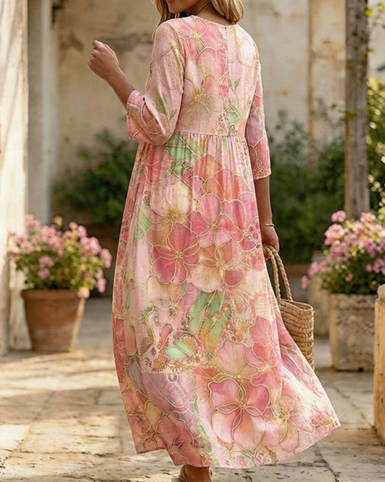 Kleid Aquarell Blumig Dreiviertel Ärmel Voll Rock Maxi