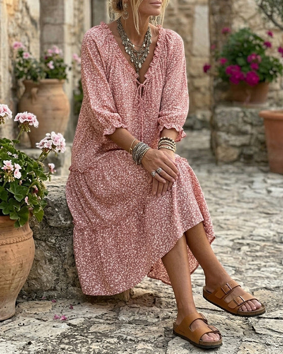 Kleid Blumen Druck Rüschen Bindung