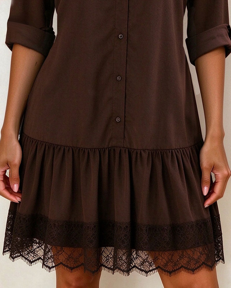 Kleid Stehkragen Patchwork Spitzenbesatz