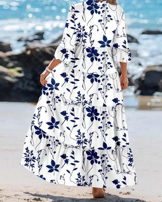 Kleid V-Ausschnitt Blumig Rüsche Lagen