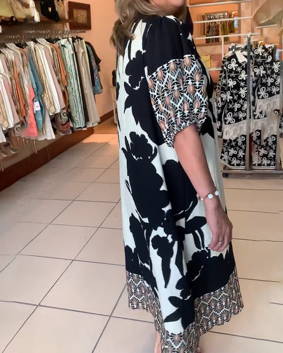 Kleid V-Ausschnitt Farbblock Lässig