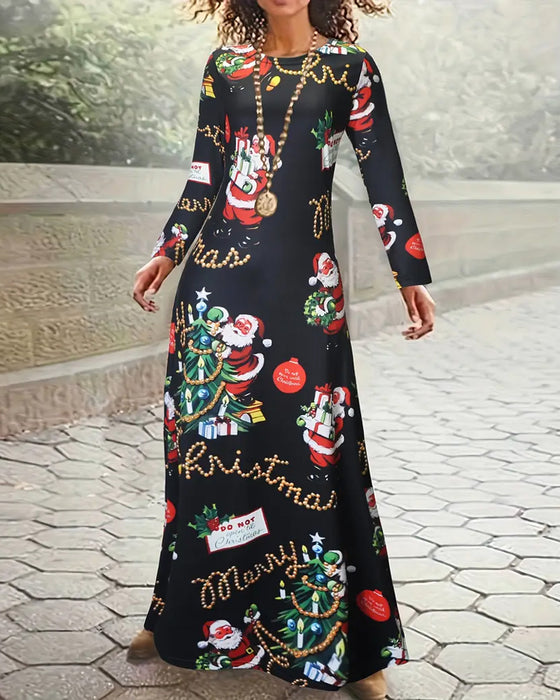 Kleid Schlank Weihnachten Gedruckt Langarm