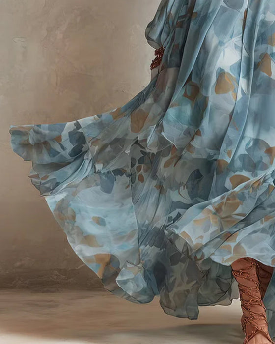 V-Ausschnitt-Kleid Mit Ballonärmeln Und Fließendem Schnitt