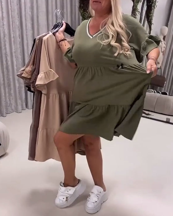Kleid V-Ausschnitt Rüschenärmel A-Linie