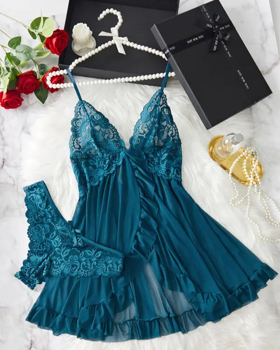 Cami Nachthemd & Schleifen-Deko Slip Set Damen Sexy Rüschenbesatz Spitze
