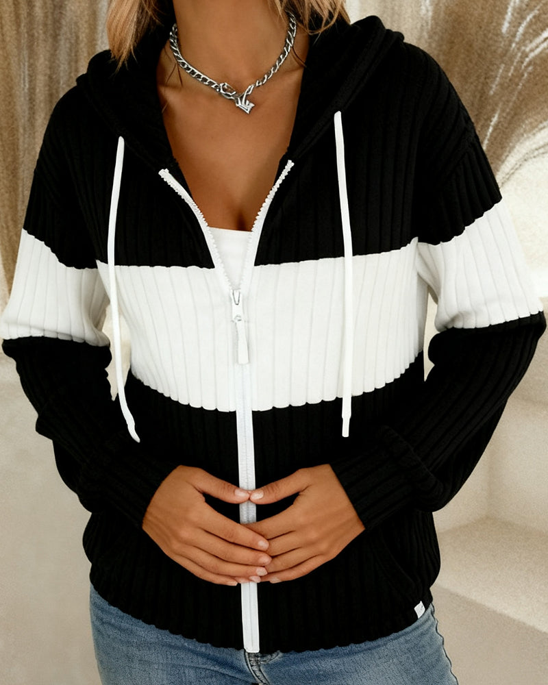 Color-blocking Mantel mit Kapuze und Reißverschluss