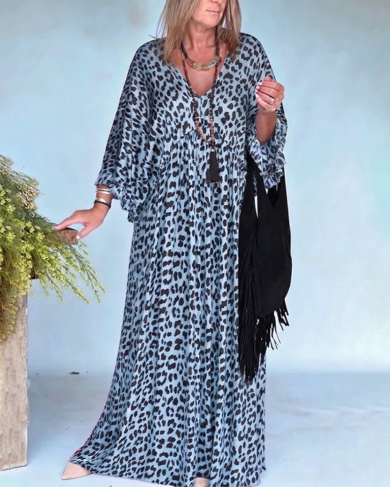 Kleid V-Ausschnitt Leopardenprint Loose Fit Lässig