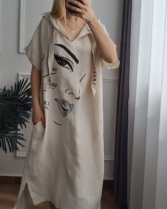 Kleid mit Kapuze Bedruckt Locker Geschnitten