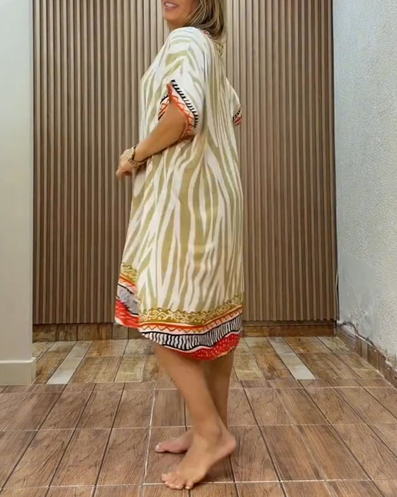 Kleid Bohemian Zebra Druck V-Ausschnitt Locker