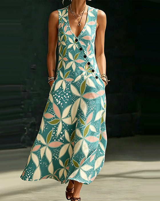 Kleid Asymmetrisch Knopf V-Ausschnitt Ärmellos