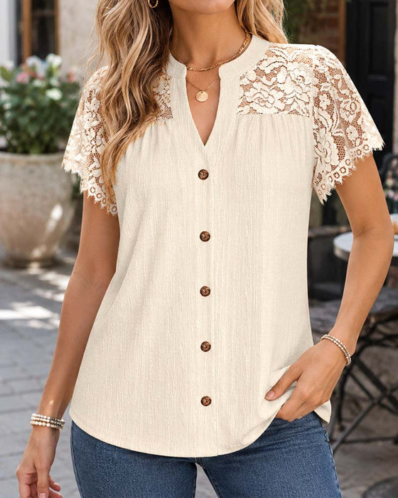 Bluse V-Ausschnitt Knopf Spitze Panel