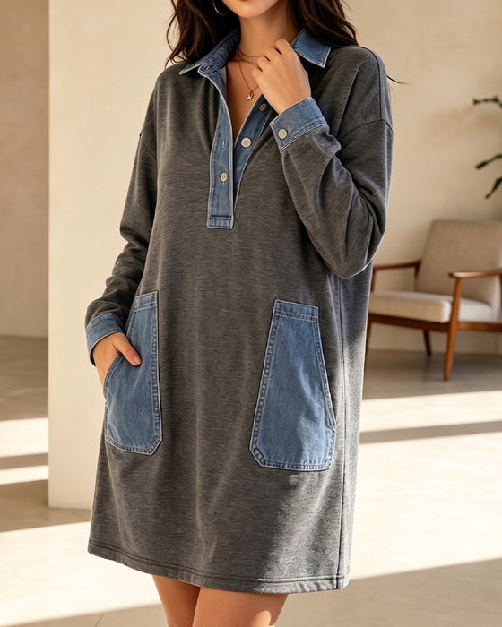 Kleid Polo Kragen Denim Patchwork