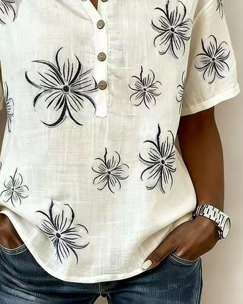 Bluse Rundhals Knopfleiste Blumen Freizeit