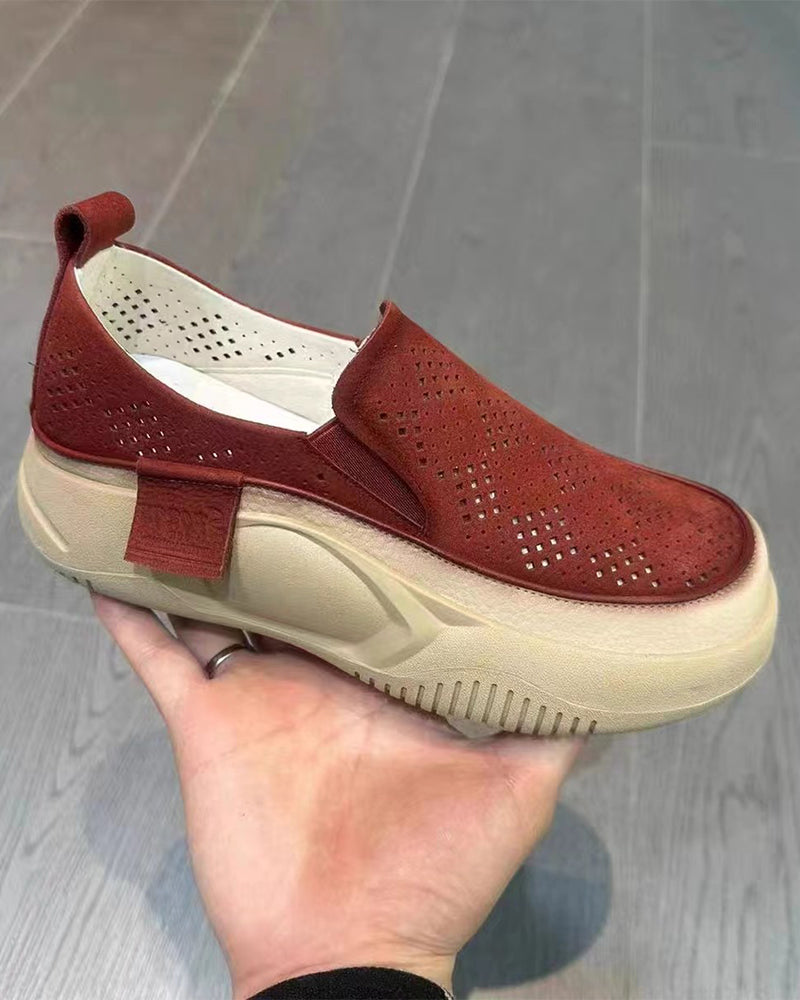 Schuhe Dick Sohle Damen Durchbrochen Loafers Runde Zehe Kappe