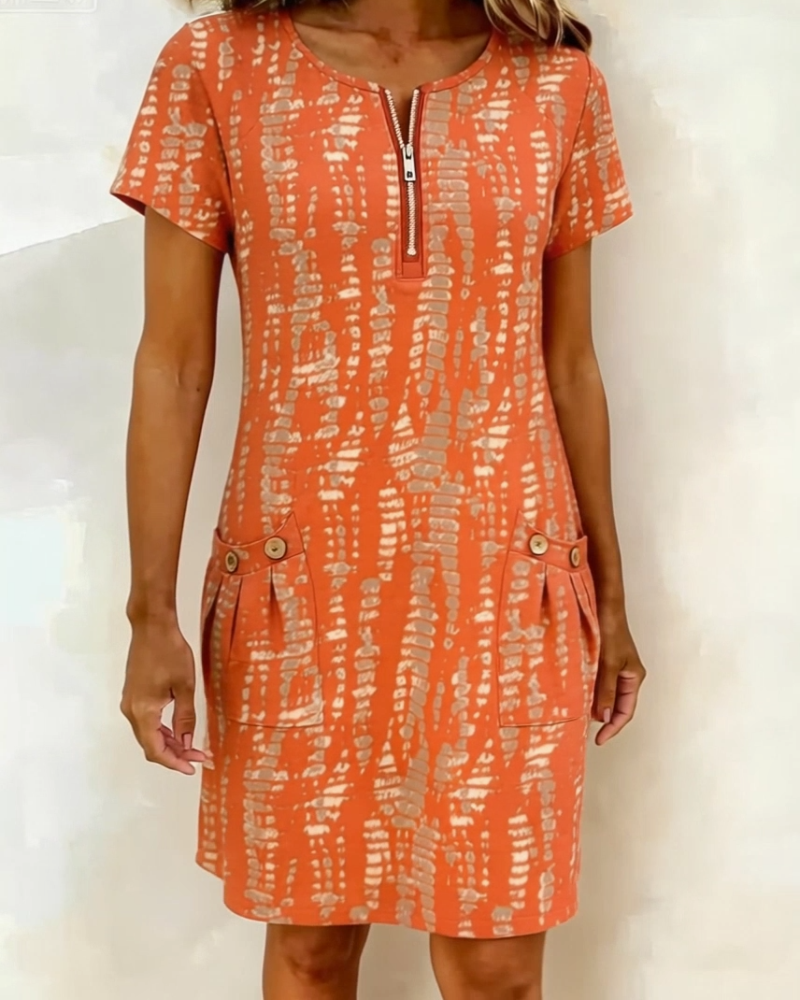 Kleid Bedruckt Halb-Reißverschluss Große Tasche