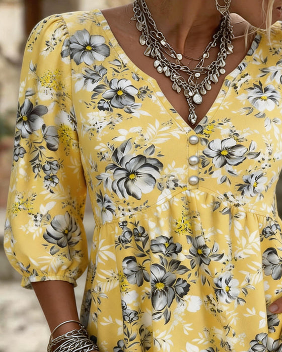 Bluse V-Ausschnitt 3/4 Armel Blumen