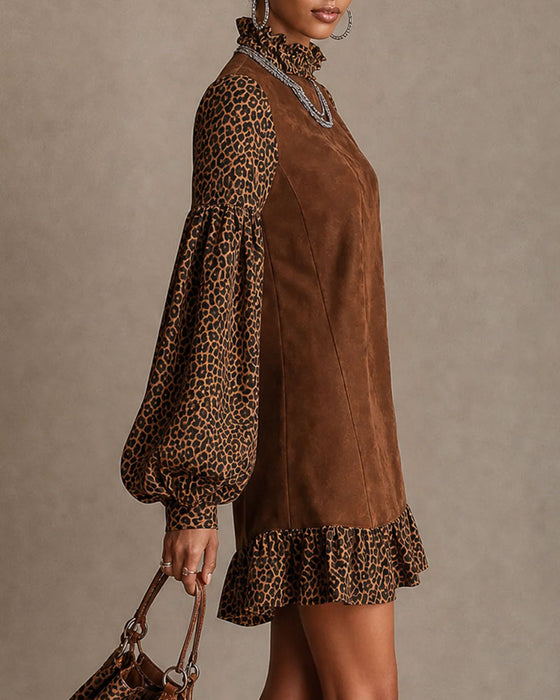 Kleid Leopardenmuster Laterne Ärmel Rüschen Gerade Mini