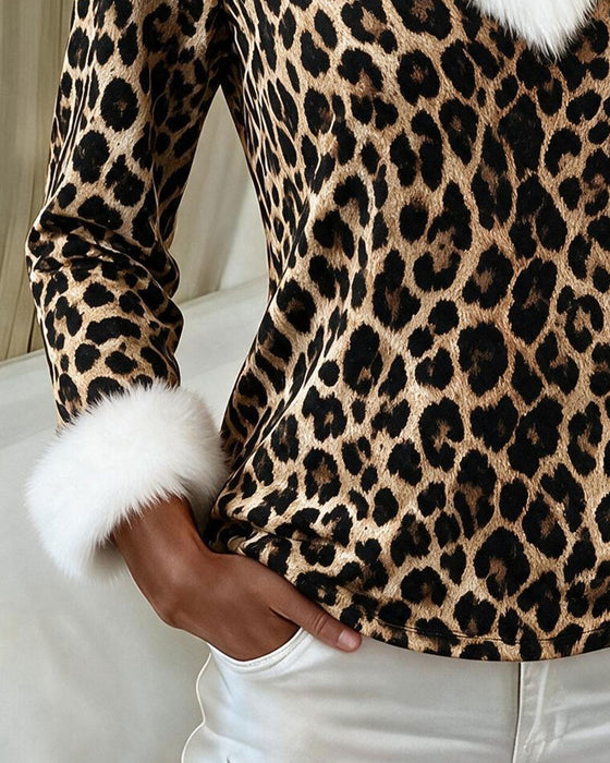 Oberteil V-Ausschnitt Pelz Kragen Leopard