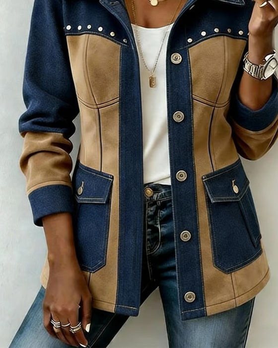 Mantel Mit Kapuze Reißverschluss Tasche Denim Panel
