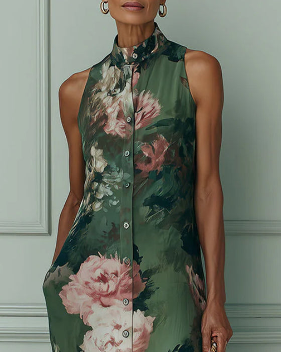 Kleid Ärmellos Blumig Stehkragen Hemd