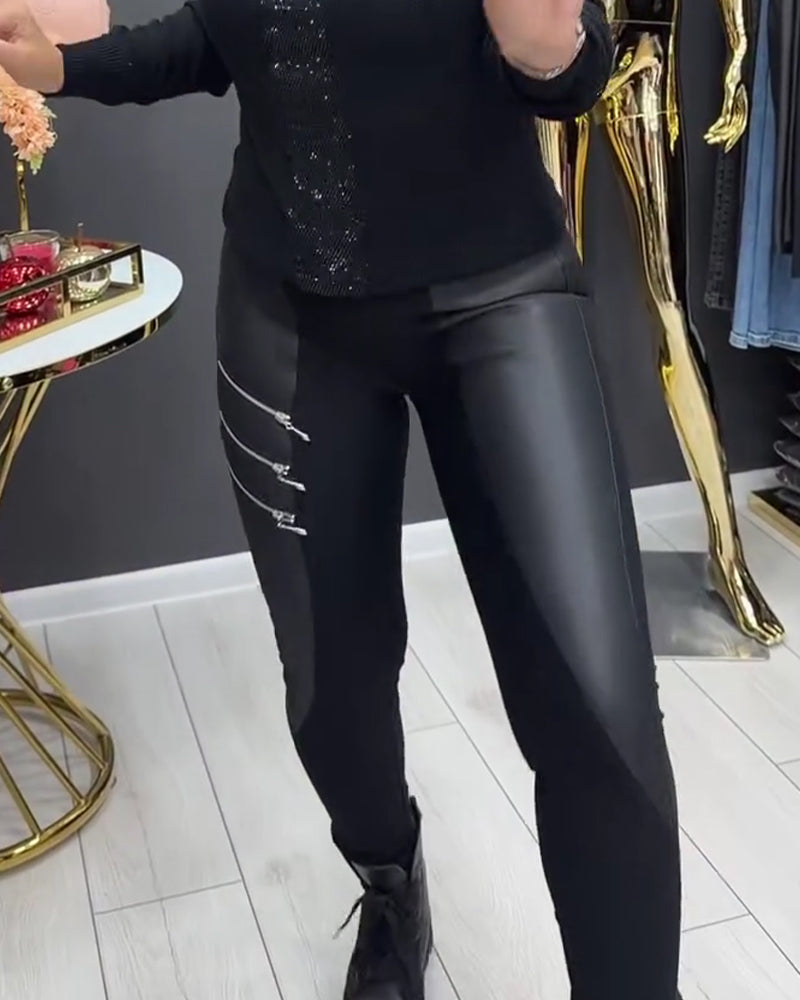 Leggings PU Patchwork Reißverschluss Verziert