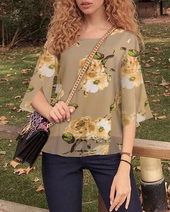 Bluse Rundhals Blumenmuster Schlitzärmel Lässig
