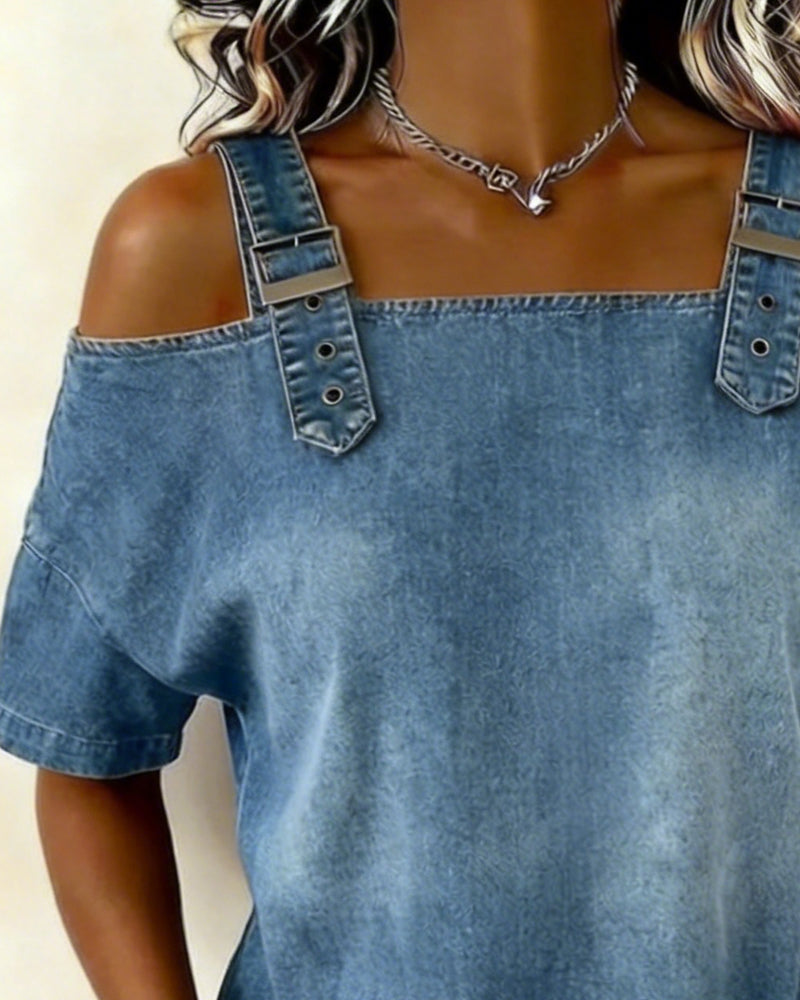 Kleid Schulterfrei Geknöpft Denim