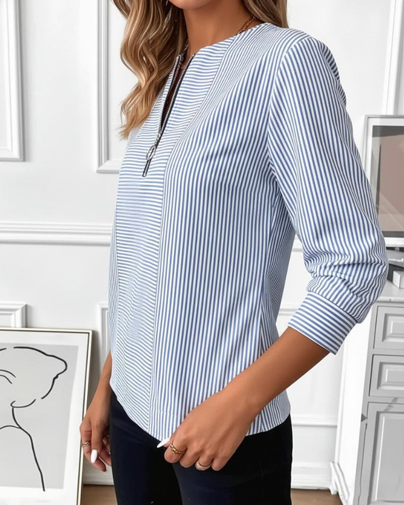 Bluse Gestreift Patchwork Reißverschluss Hoch