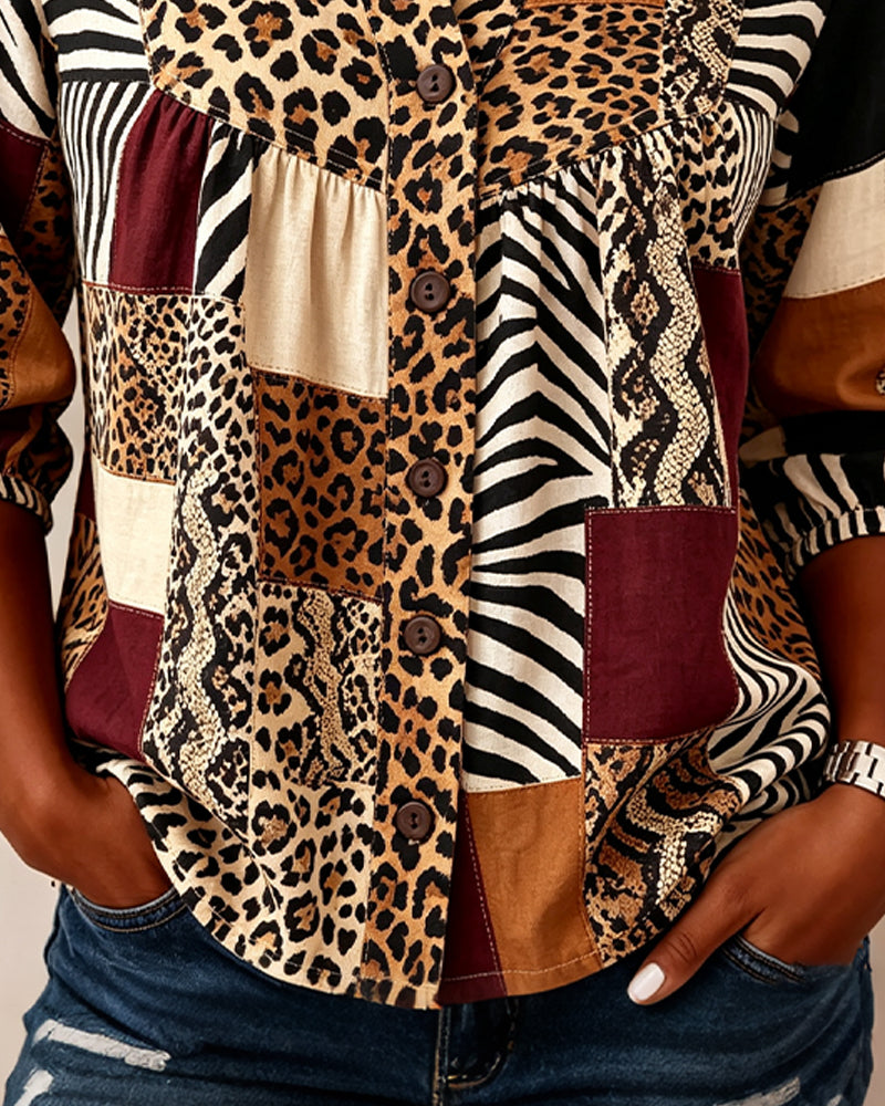 Bluse Leopard Farbblock V-Ausschnitt