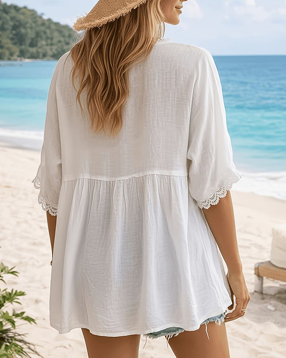 Bluse Mit V-Ausschnitt, Knöpfen Und Halbarm